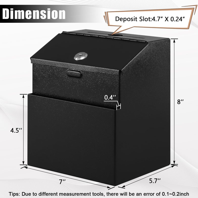 KYODOLED Suggestion Box with Lock and 50 Free Suggestion Cards, Metal Wall Mounted Ballot, Donation and Collection Key Drop Box with Slot & 2 Keys, 8H x 5.7W x 7L Inch, Black - Image 2